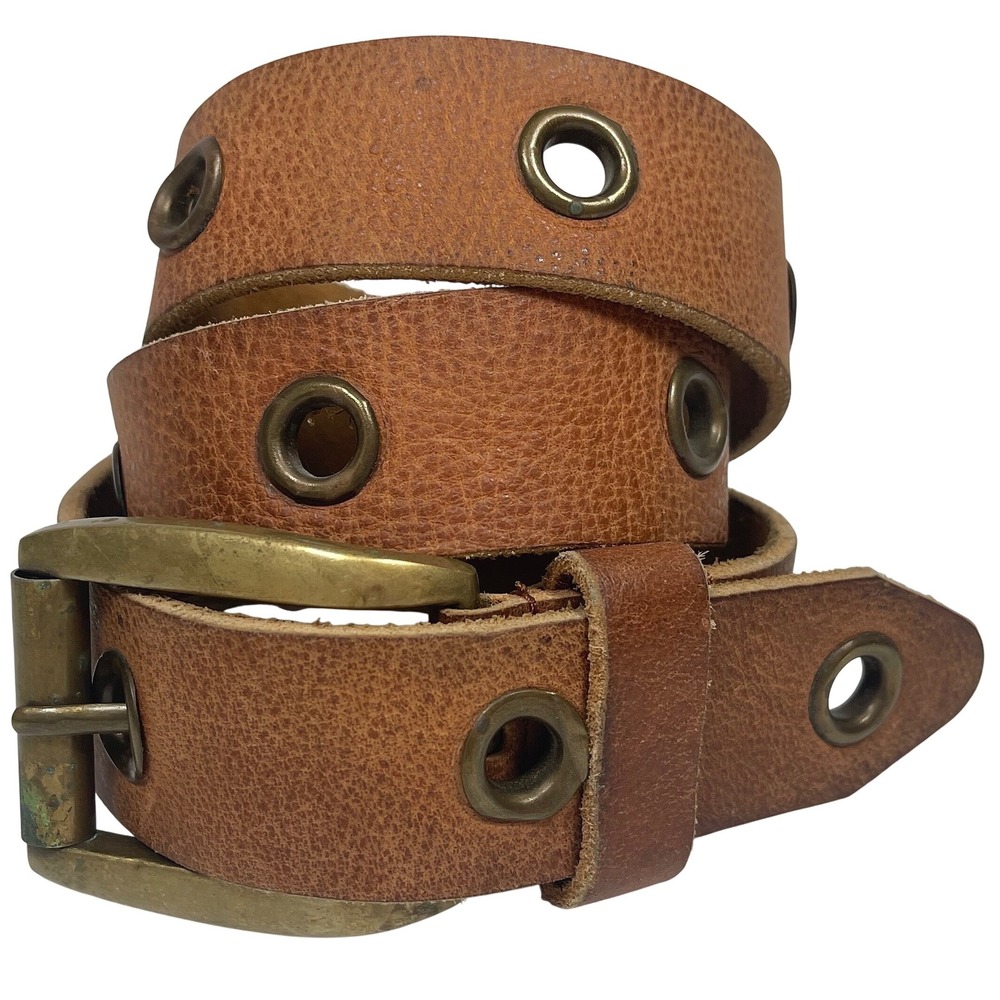 Vintage Solid Brass Grommet Leather Belt Unisex Brown Eyelet Distressed 90s